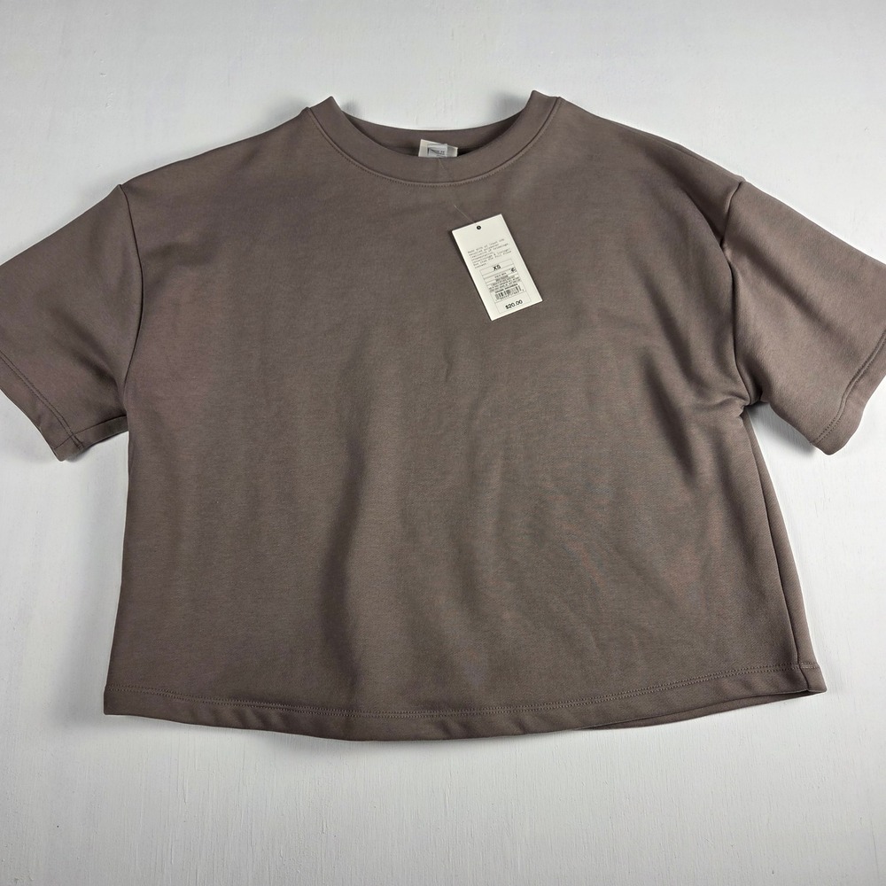 Minimalist Boxy Cropped Short Sleeve Sweatshirt Taupe Gray XS NWT